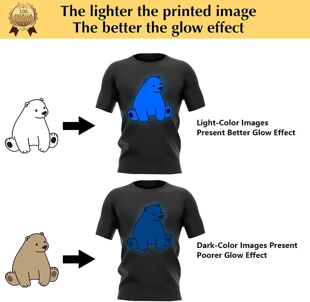TransOurDream Luminous Heat Transfer Paper for T Shirts (10 Sheets, 8.5x11'', Glow 2.0) Printable Heat Transfer Vinyl for Inkjet Printer Iron on Transfers for Light & Dark Fabrics (TRANS-GD2-12)