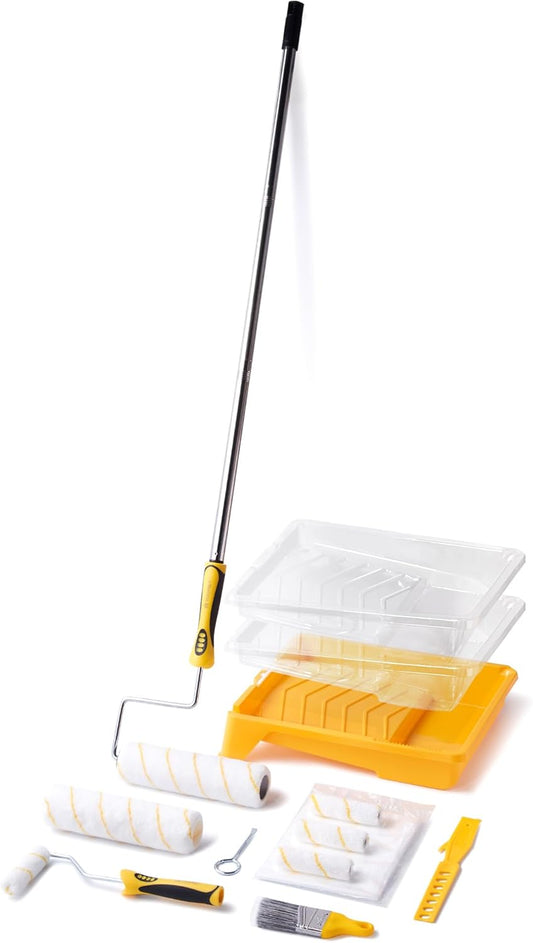 VOOMEY Paint Roller Kit with Extension Pole - 9 Inch Paint Roller with Tray, Mini Paint Roller 4 inch, Small Paint Brush, 16 Piece Complete Painting Tool Set Suitable for House & Wall Painting