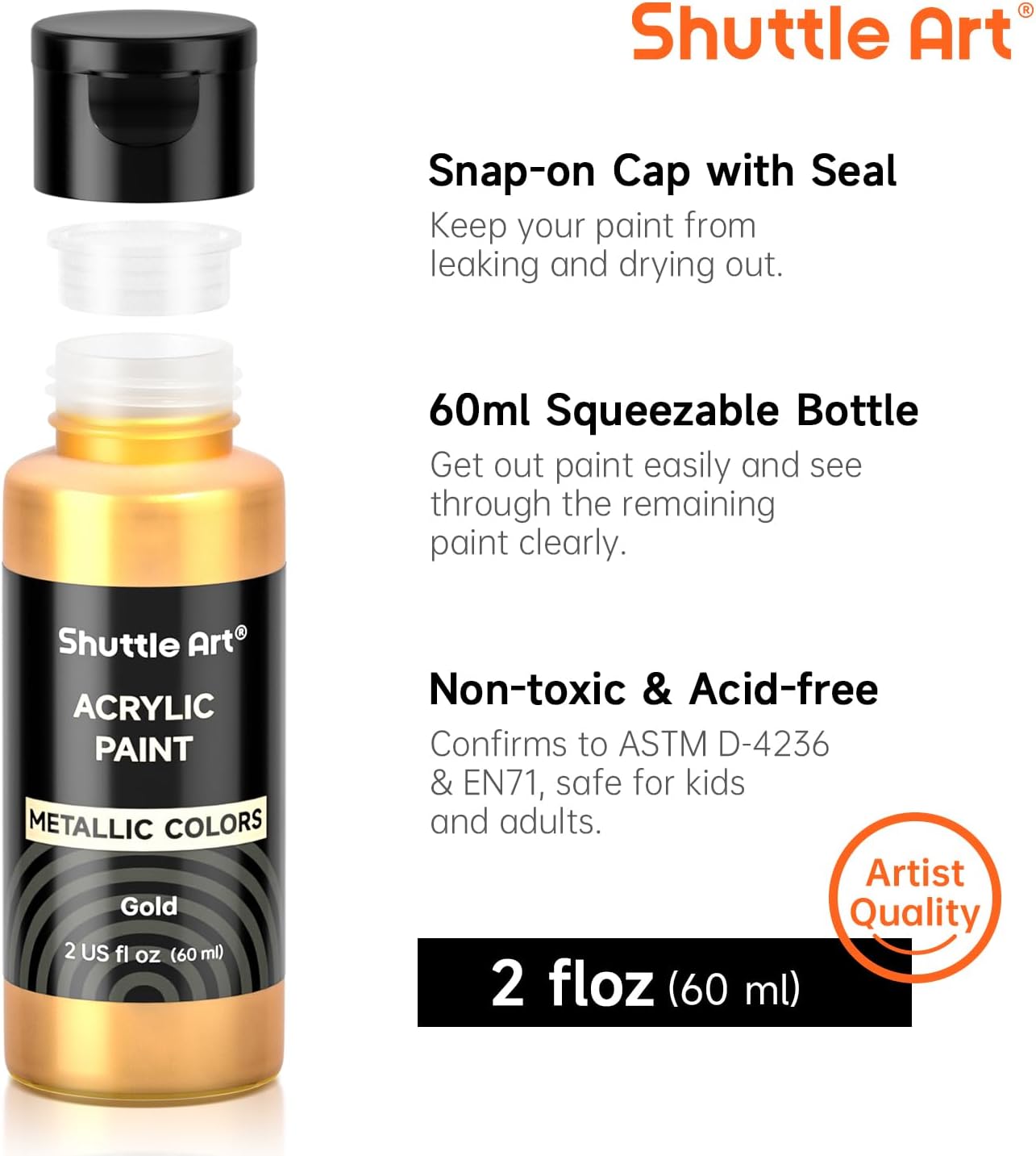 Shuttle Art 30 Colors Metallic Acrylic Paint, Artist Grade Metallic Paint in Bottles (60ml, 2oz), Rich Pigmented, High Viscosity, Non-Toxic for Artists, Beginners on Rocks Crafts Canvas Wood Fabric