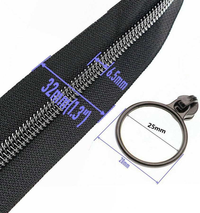 Leekayer #5 Black Nickel Metallic Nylon Coil Teeth Zippers by The Yard Bulk 10 Yards Black Zipper Tape with 25pcs Black Nickel Ring Pull Sliders for DIY Sewing Tailor Craft Bag(Black)