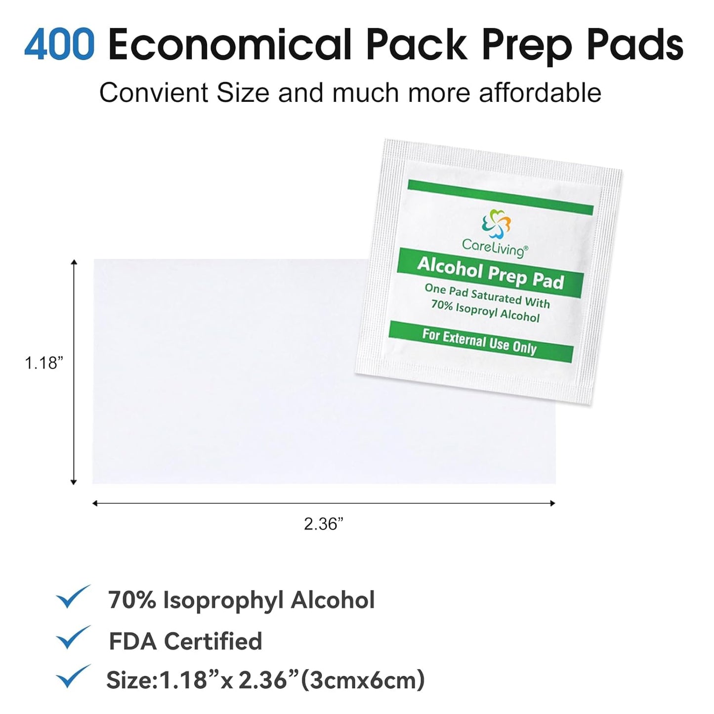 Alcohol Prep Pads with 70% Isopropyl Alcohol, 400 Pack, Medical-Grade, Individually-Wrapped, Isopropyl Cotton Swabs, Disposable, 2 ply