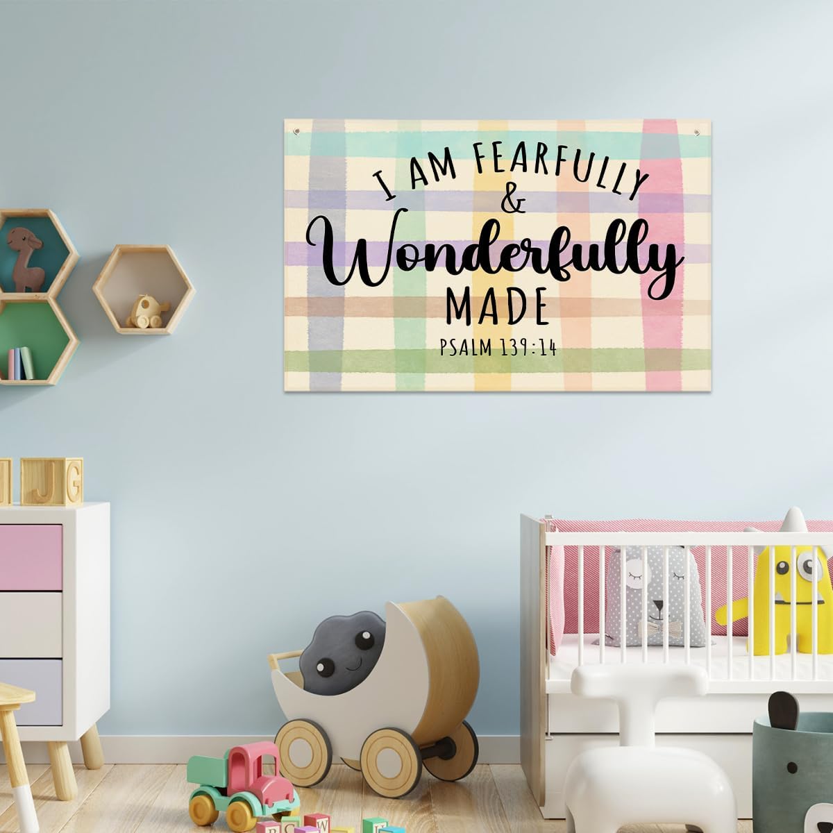 Fearfully and Wonderfully Made Bible Verses Wall Decor Kids Room Decor Canvas Banner, Canvas Decoration for Classroom, Nursery, Kids Room for Boys and Girls
