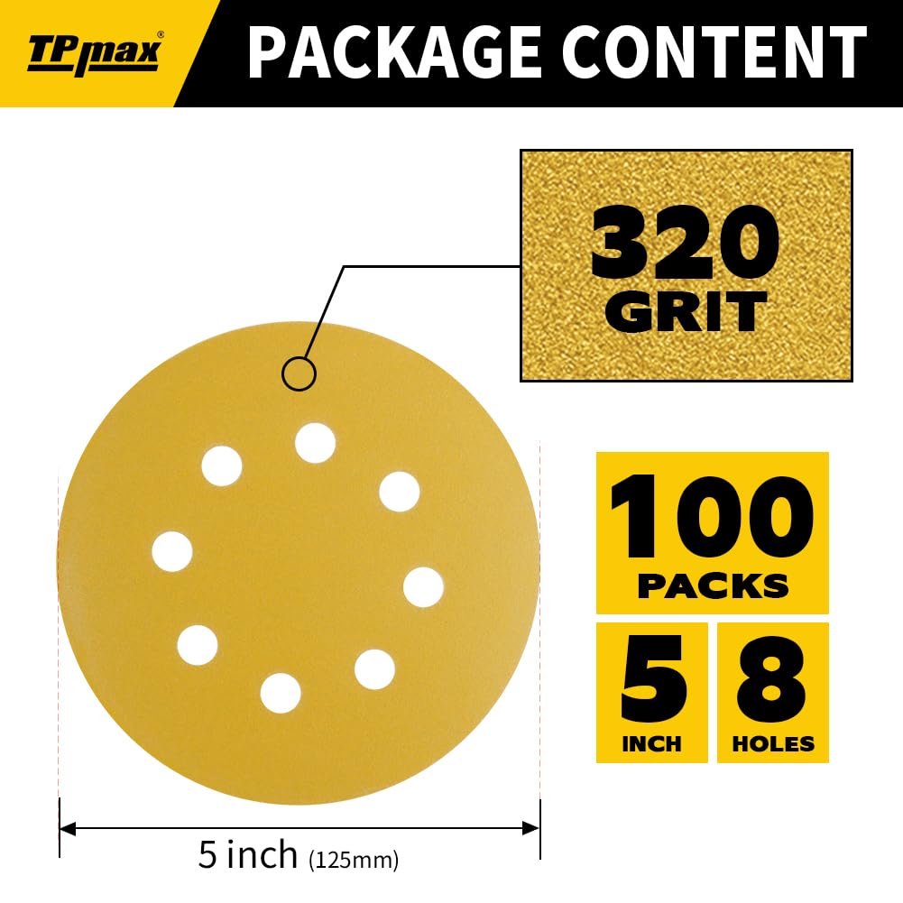 100PCS 5 Inch 320 Grit 125mm 8 Hole Sanding Discs Sandpaper - Premium Gold Round Hook and Loop for Random Orbital Sander - Ideal for Wood, Metal, Automotive