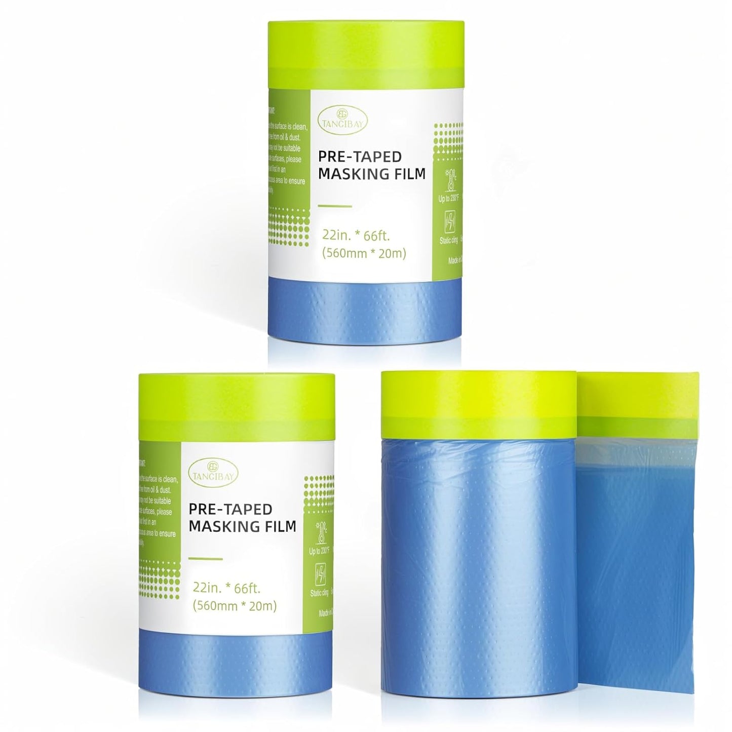 Pre-Taped Masking Film for Painting - 22" x 66' Painters Plastic Sheeting with Automotive Paint Tape and Drape for Covering Cars, Walls, Windows and Furniture Protection (3 Rolls)