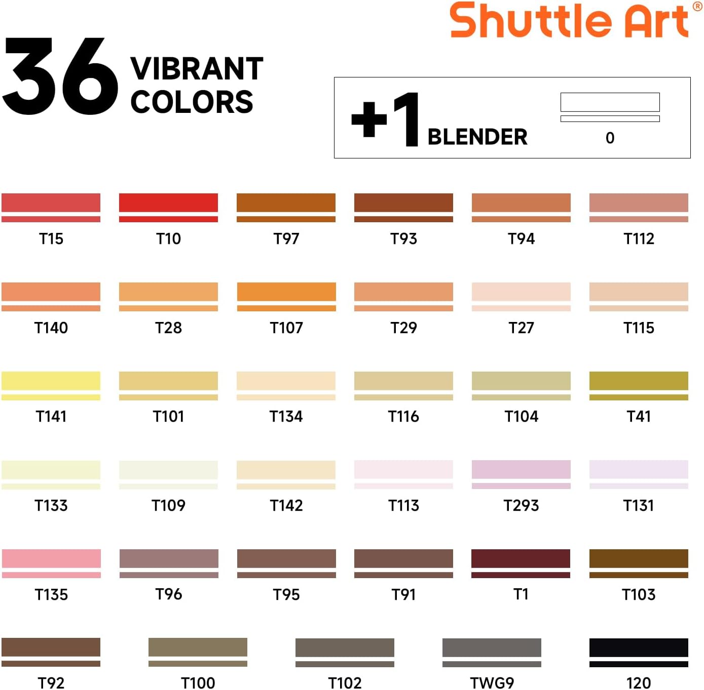 Shuttle Art 36 Colors Skin Tone&Hair Art Markers, Dual Tip Alcohol Based Marker Pen Set Contains 1 Blender 1 Carrying Case 1 Marker Pad Perfect for Kids & Adults Portrait,Comic, Anime, Manga