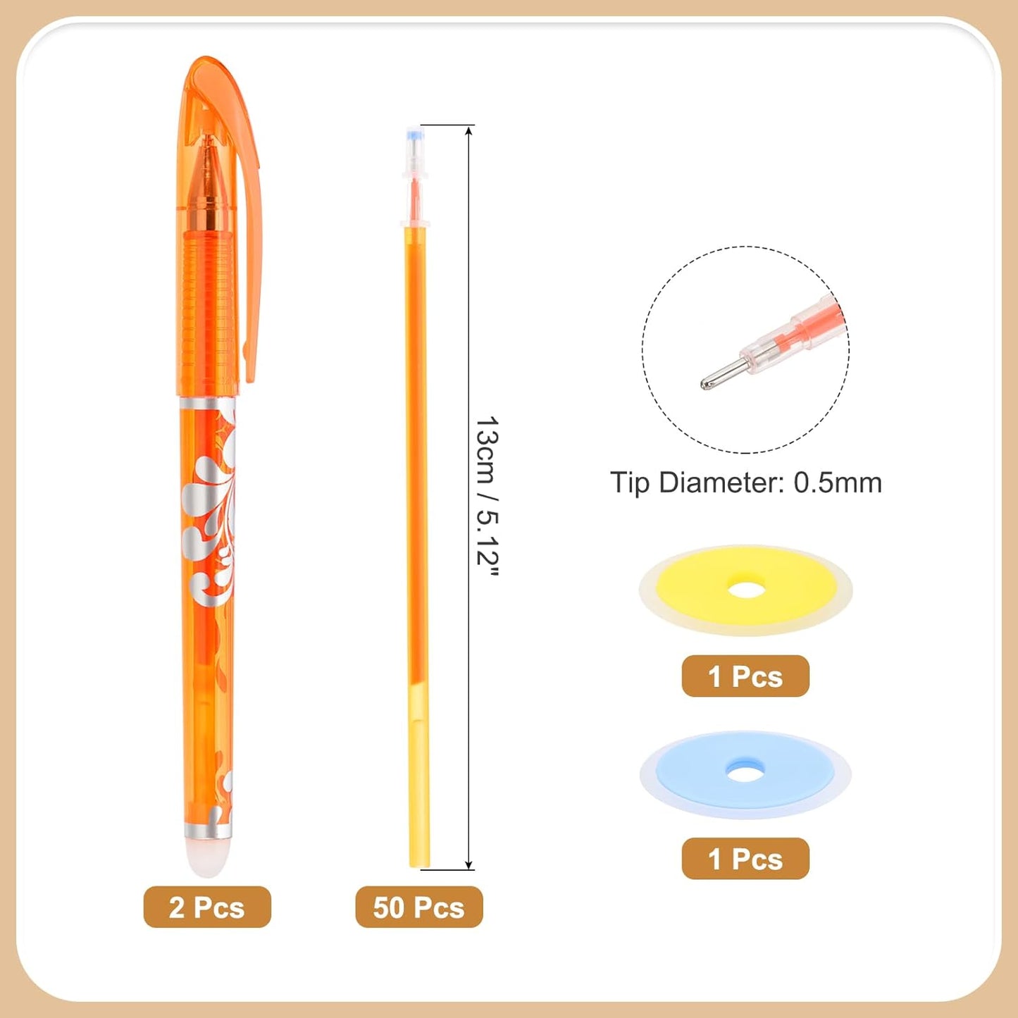 PATIKIL 2Pcs Erasable Gel Pens with 50 Refills & 2 Erasers, 0.5mm Heat Erasable Pens for Fabric Orange Ink Fabric Marking Pen for Sewing Quilting Planner Writing