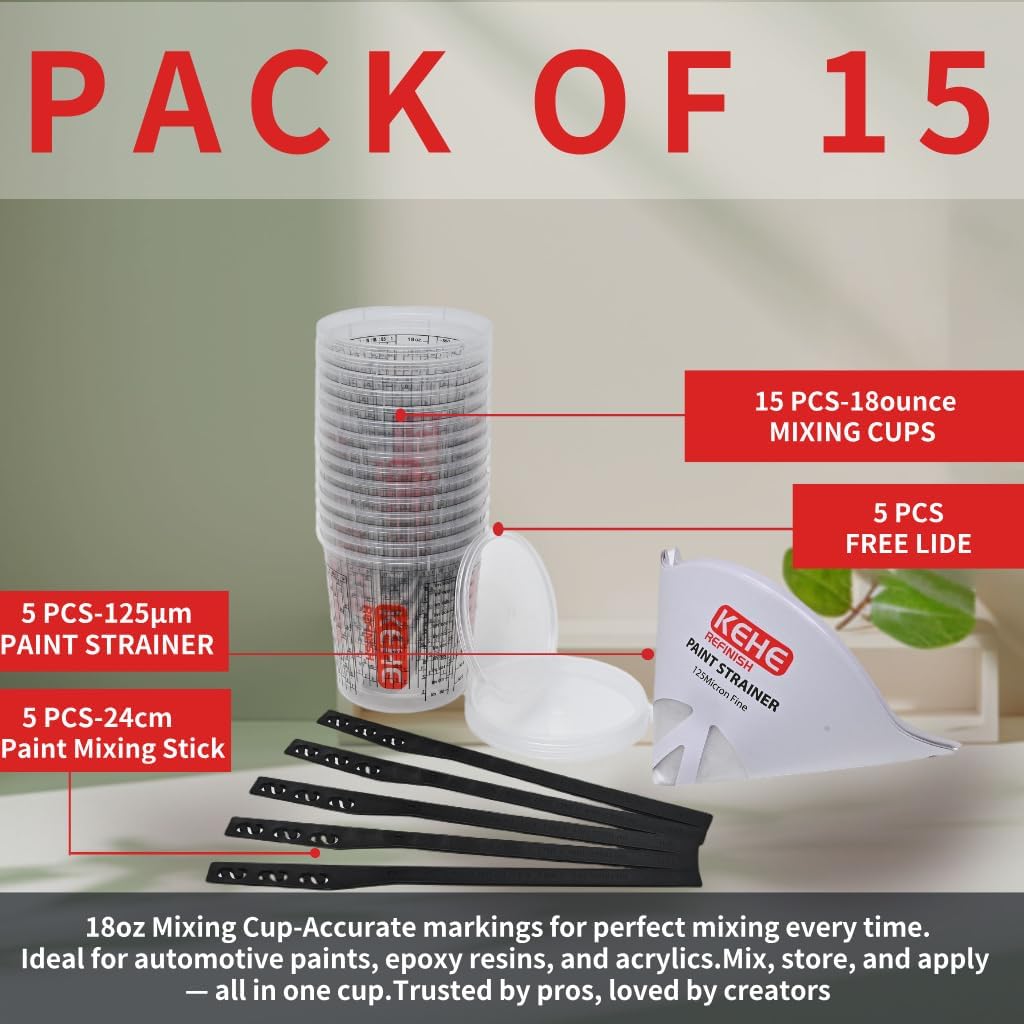 15 PACK Paint Mixing Cups by KEHE REFINISH,10 oz (300ml),Disposable or Reusable Plastic Measuring Cups with Lids for Liquids, Paints, Resin, Epoxy, Art,Ratios 1:1,2:1, 3:1, 4:1,5:1,6:1,7:1,8:1