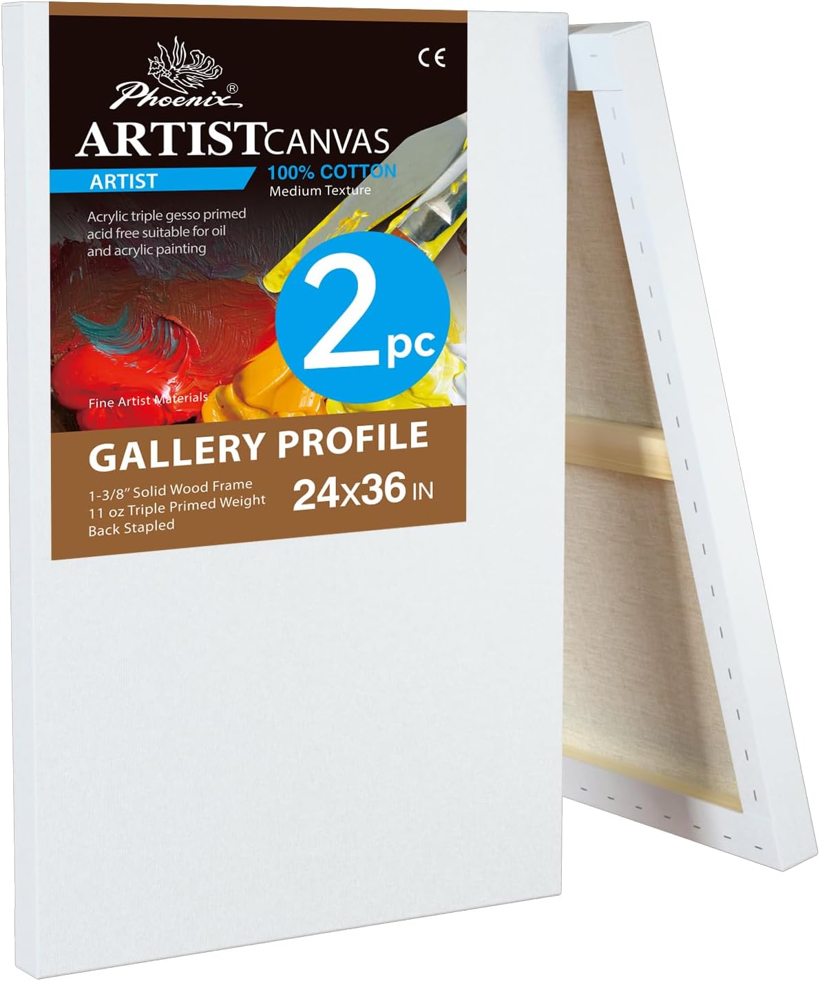 PHOENIX 24x36 Inch 2 Pack Gallery Canvas - 1.5 in Thick Extra Large Canvases for Painting - Deep Edge 100% Cotton 11 Oz. Gesso Primed White Blank Professional Canvas Oil & Acrylic Paints
