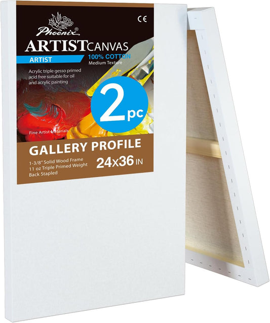 PHOENIX 24x36 Inch 2 Pack Gallery Canvas - 1.5 in Thick Extra Large Canvases for Painting - Deep Edge 100% Cotton 11 Oz. Gesso Primed White Blank Professional Canvas Oil & Acrylic Paints