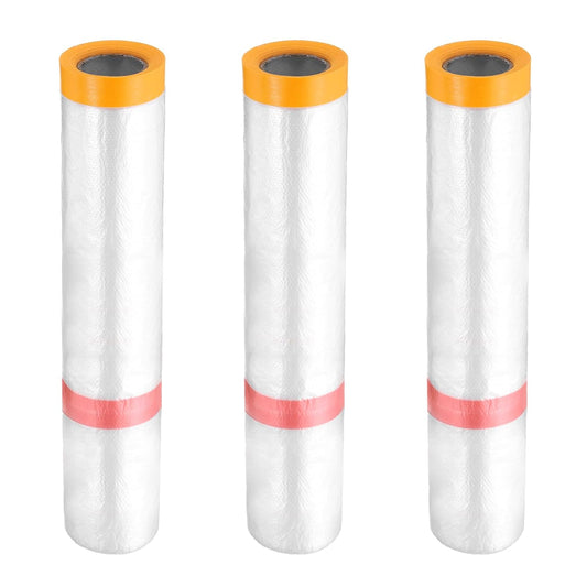 HARFINGTON 3 Rolls Pre-Taped Masking Film 157.5" x32.8ft Double Adhesive Tape and Drape Painters Plastic Drop Cloth Film with Tape Plastic Sheeting for Automotive Painting Covering