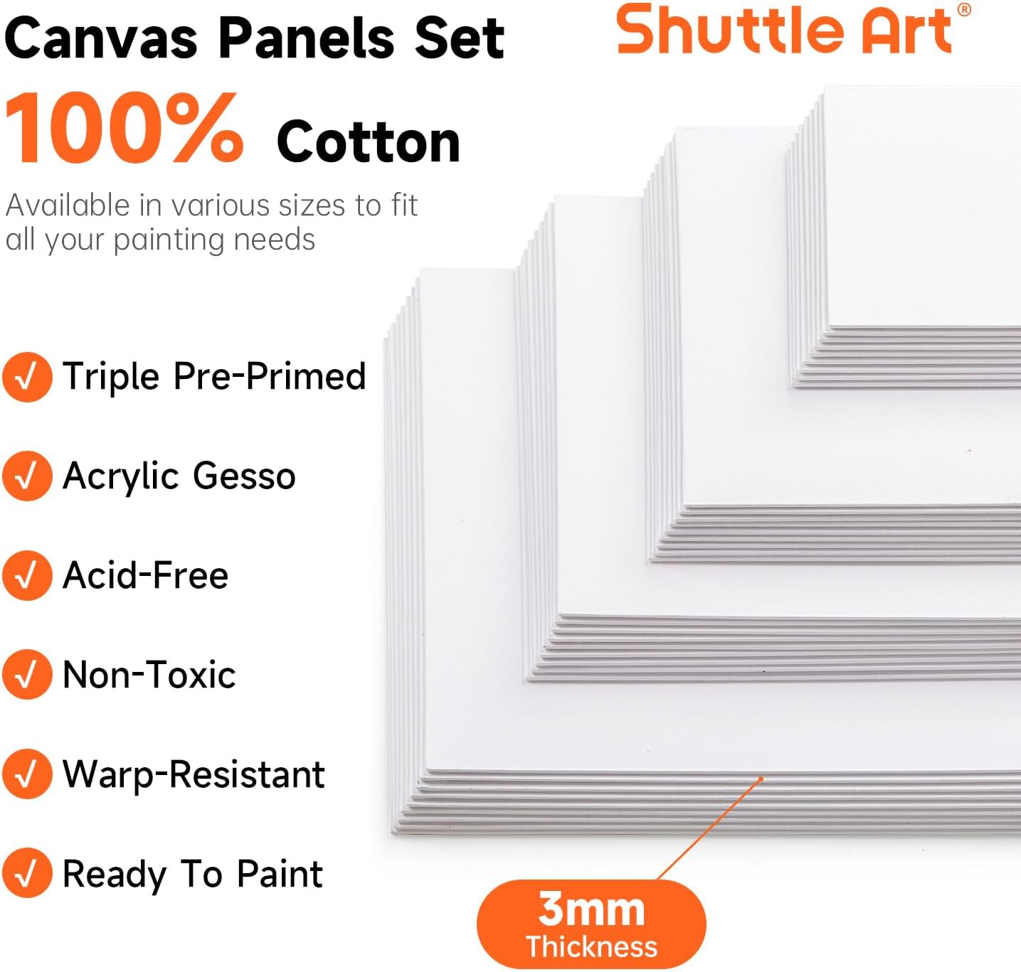 Shuttle Art Painting Canvas Panel, 36 Multi Pack, 5x7, 8x10, 9x12, 11x14 inch (9 PCS of Each), 100% Cotton Art Canvas Board Primed White, Blank Canvas for Kids Adults for Acrylic Oil Painting