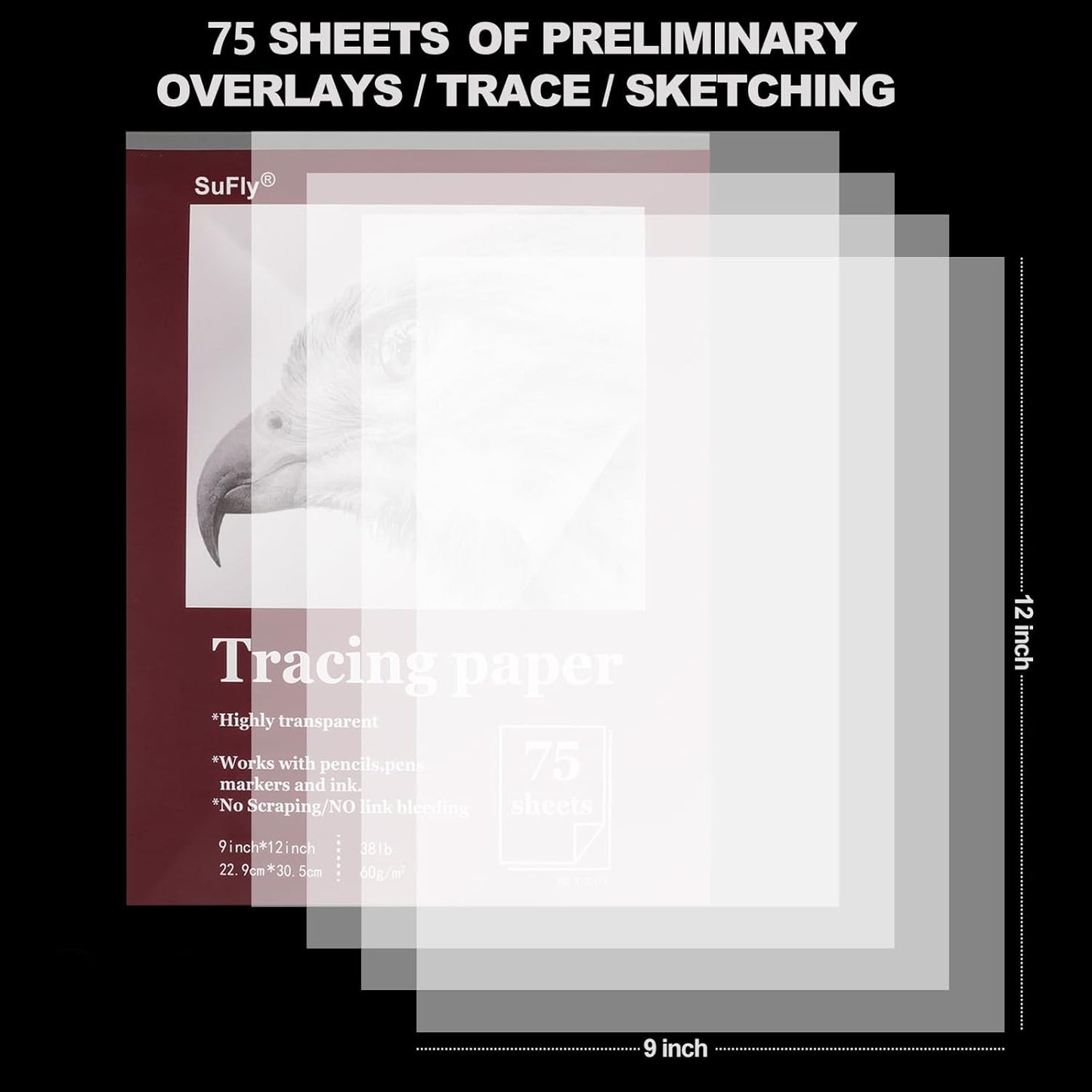 Tracing Paper for Drawing, 9 X 12'' Tracing Paper Pad, 75 Sheets Transparent Vellum Paper for Tracing Pads, 38lb/60gsm Translucent Trace Pad for Pencil Sketching, Image Tracing.