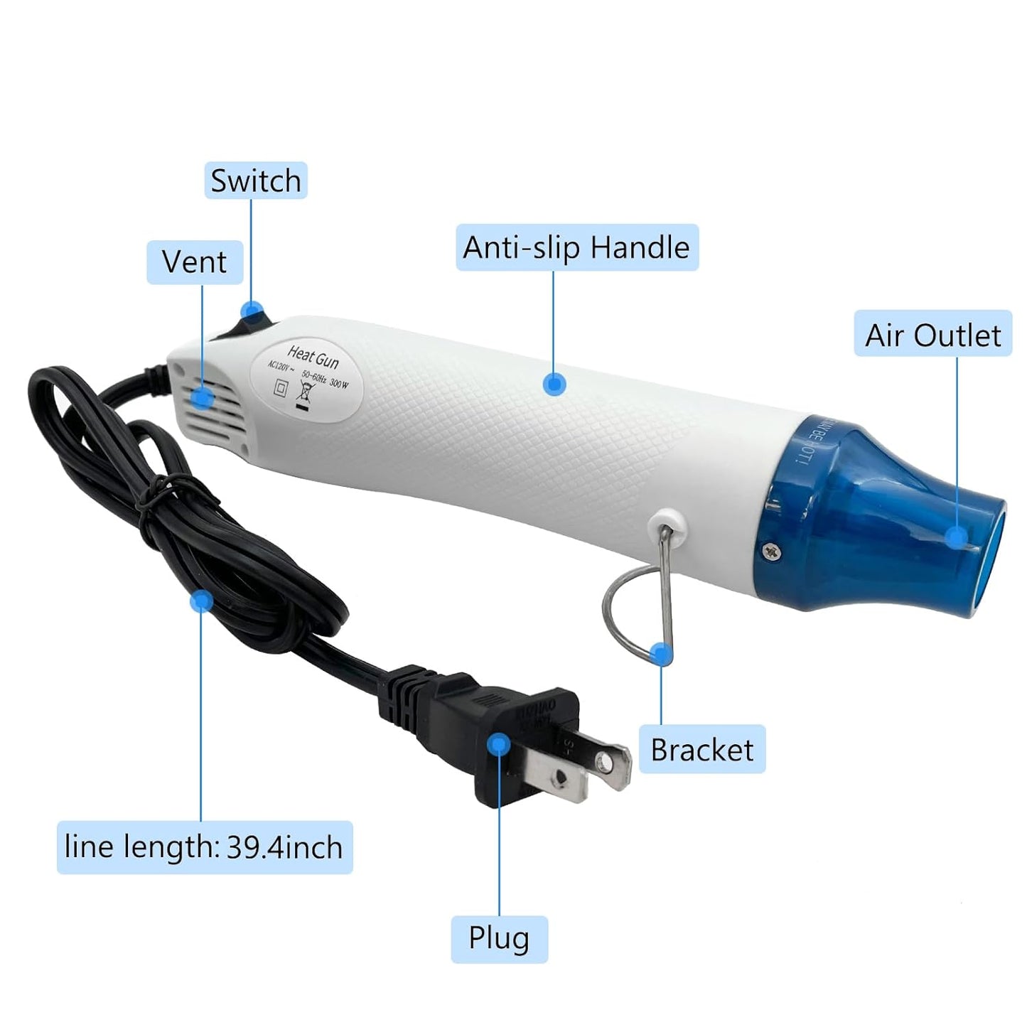 Mini Heat Gun, Portable Hot Air Gun Tool for DIY Crafts Heat Shrink Gun for Epoxy Resin, Embossing, Shrinking Wrapping Drying Paint Removing Stickers (White)