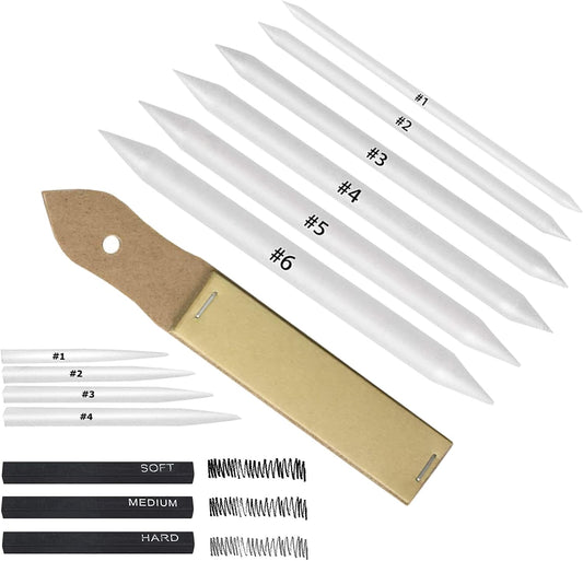 CAMATTO 14 PCS Blending Stumps and Tortillions Paper Art Blenders Tool with Sandpaper Pencil Sharpener Pointer Compressed Charcoal Sticks for Student Artist Charcoal Sketch Drawing Shading