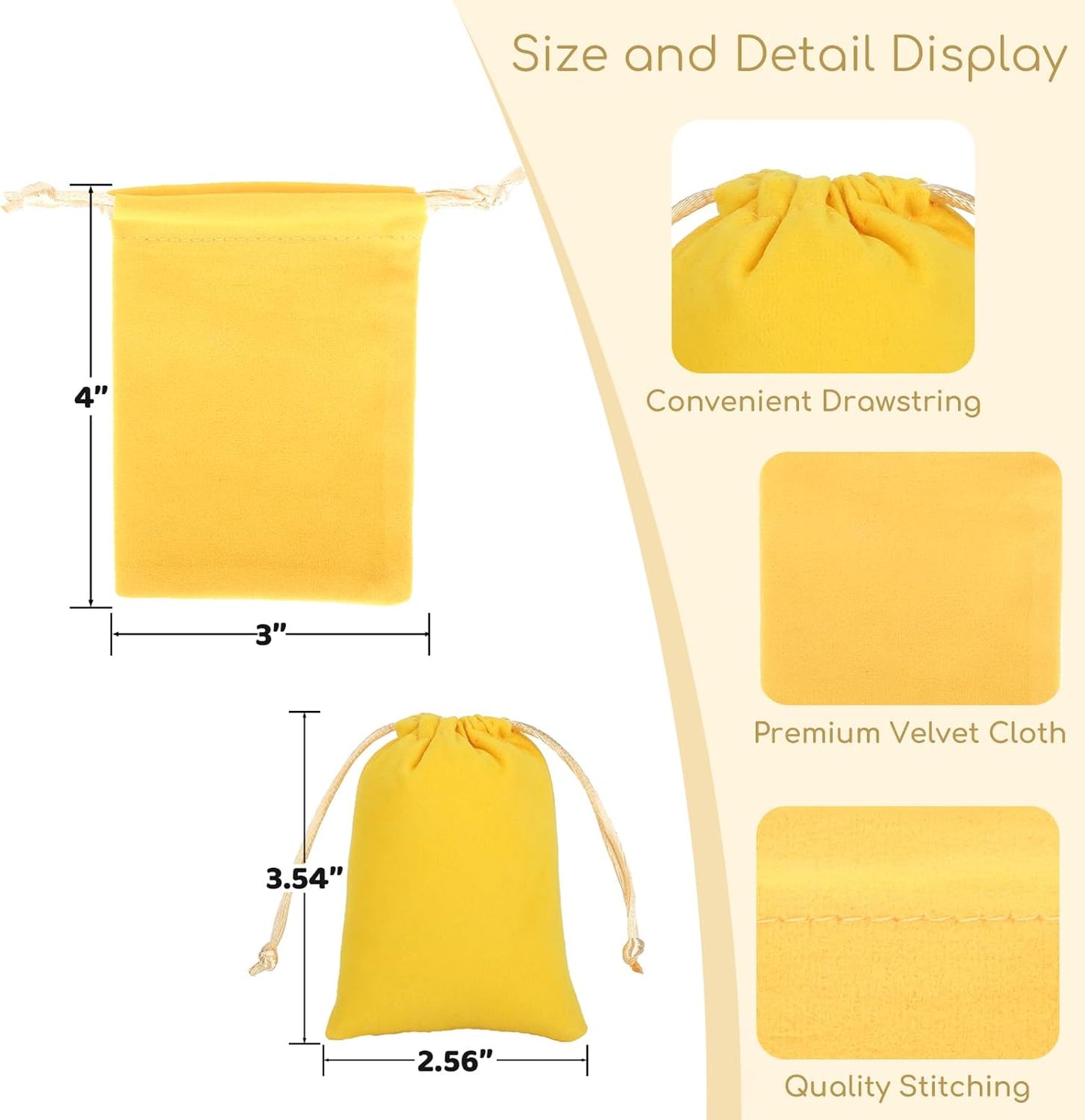 Velvet Drawstring Jewelry Bag, 50Pcs Yellow Coin Pouch, 3x4 Dice Bag, for Wrapping Halloween Party Favors or Gifts for Friends, Small Bussiness, Resin Runes, Chains, Customers