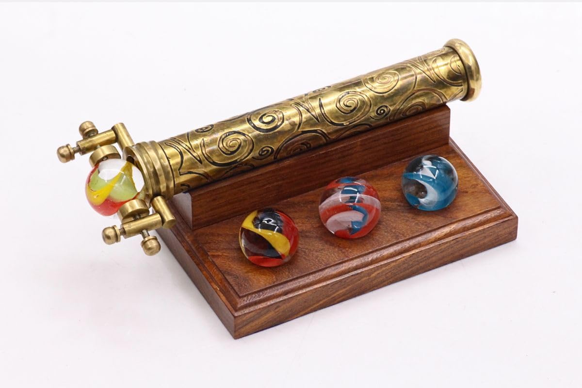 RII Marble Scope Kaleidoscope | Exquisite Etched Brass Design with Interchangeable Marbles | First Surface Mirrors for Clear Patterns | Includes Hardwood Stand | Ideal Antique Nautical Vintage Gift