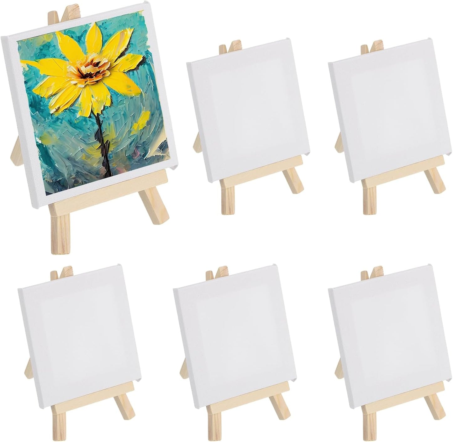 MECCANIXITY Canvas Boards for Painting with 5.9" Mini Easel Kit, 4x4 Cotton Blank Primed Art Canvas Panels Acid-Free for Painting Supplies Oil Acrylic Tempera Paint(White, Set of 6)