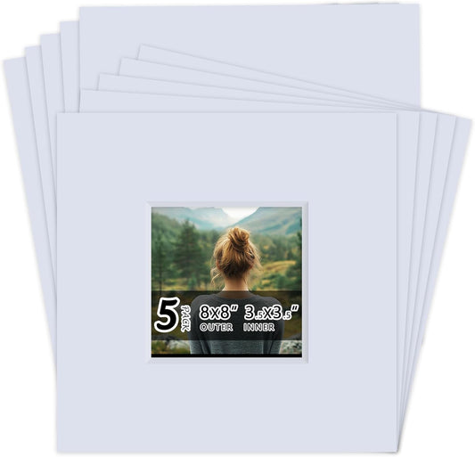 Falling in Art 5 Pack Acid Free 8x8'' White Picture Mats Board Show Kit for 4x4'' Photos, 4-Ply Beveled Pre-Cut Photo Mats with Backing Board for Frames, Artwork and Prints