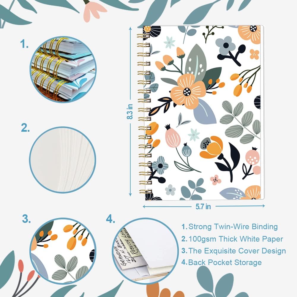 A5 Blank Notebook - 70 Sheets/140 Pages Blank Paper Notebook, 100 GSM Thick White Paper, 5.8" x 8.3" Spiral Blank Journal, Flowers