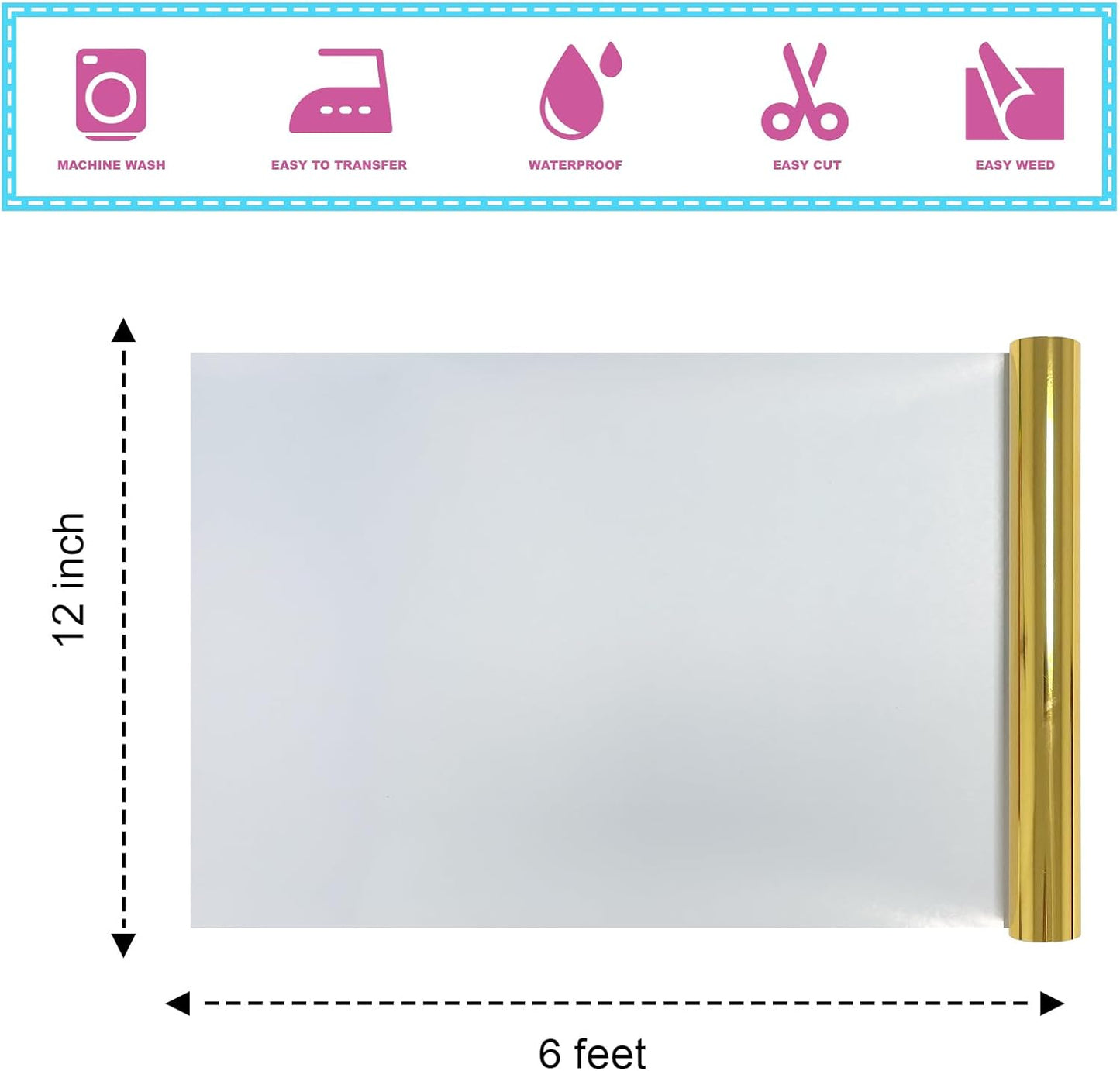 Sheet Metallic Foil Heat Transfer Vinyl 12Inch*6Ft Bundle Chrome HTV Pack inVibrant Colors for Stunning T-Shirt Designs! Perfect for DIY Heat Transfer Vinyl 12Inch*6Ft