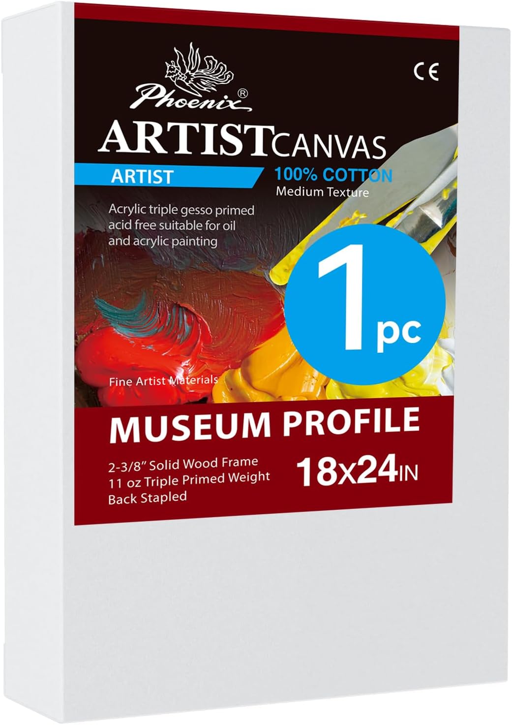 PHOENIX 18x24 Inch Museum Canvas - 2 3/8 Inch Thick Porfile Deep Large Stretched Canvas for Painting 1 Pack 100% Cotton 11 Oz. Gesso Primed White Blank Professional Canvas Oil & Acrylic Paints