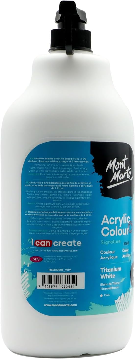 Mont Marte Discovery School Acrylic, Titanium White, 1/2 Gallon (2 Liter). Ideal for Students and Artists. Excellent Coverage and Fast Drying. Pump Lid Included.