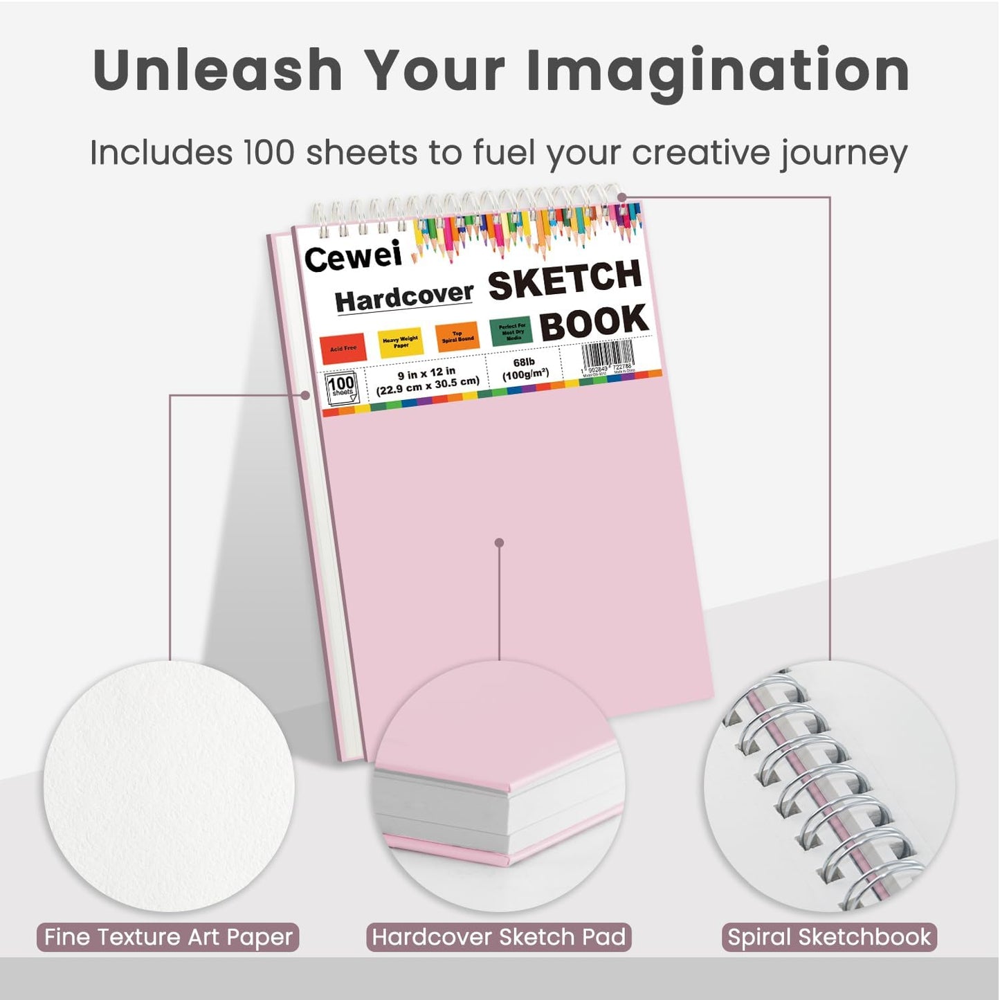 9"x12" Sketchbook Pink, 1 Pack-100 Sheets Cute Sketchbook for Girls, 68lb/100gsm Pink Sketch Book for Kids, Spiral Drawing Pad for Kid, Art Supplies for Kids 9-12 Girls.