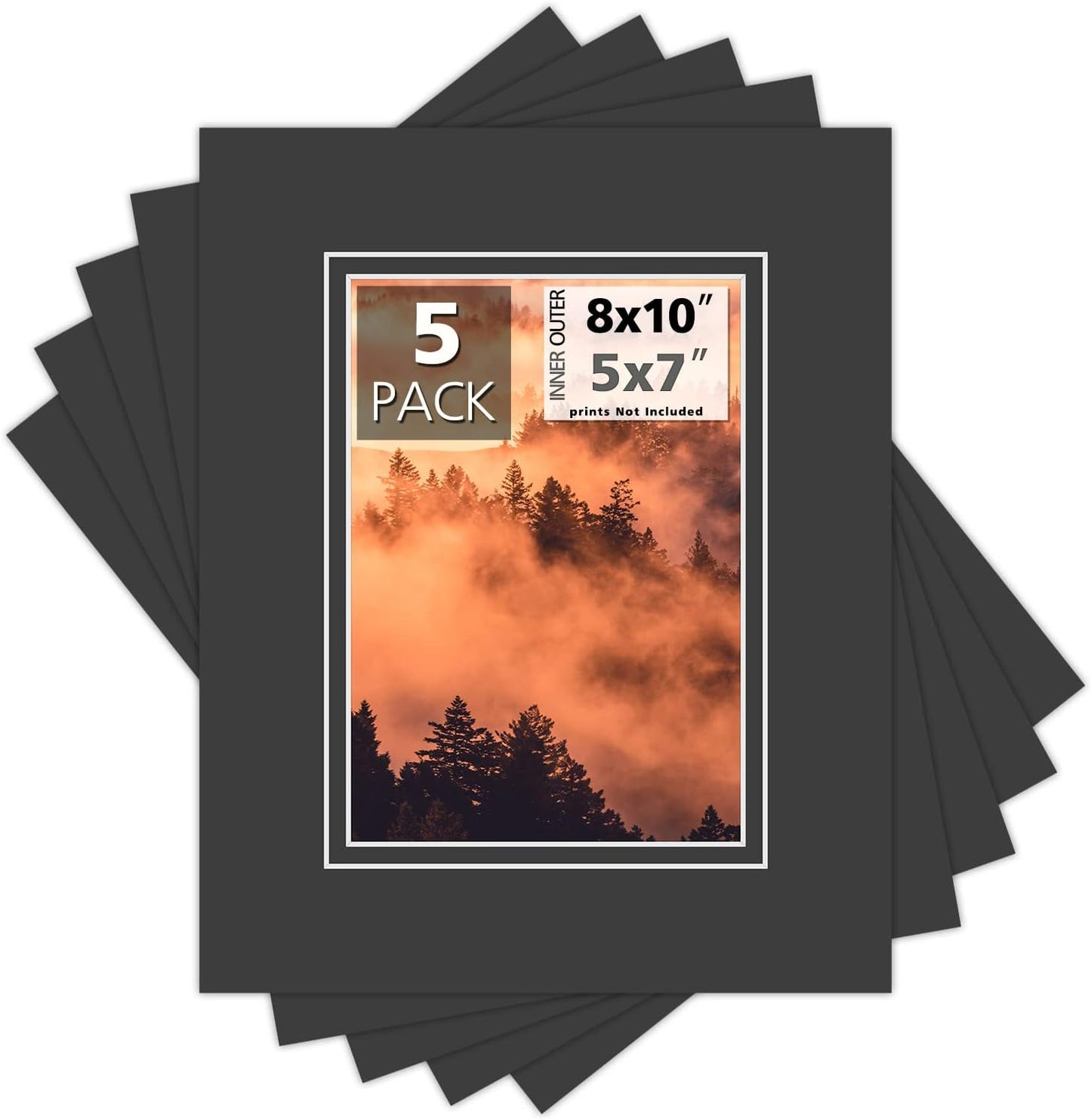 Mat Board Center, Double Mat - Acid Free, 8-ply Thickness, White Core - for Pictures, Photos, Framing (Black Over Black, 8x10 for 5x7, Pack of 5)