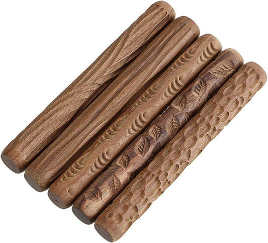 OwnMy Set of 5 Clay Modeling Pattern Rollers Kit, Fish Leaves Cobblestone Ripple Wood Grain Pattern 4.7 in Clay Rolling Pin Textured Hand Roller Wooden Handle Pottery Tools Set