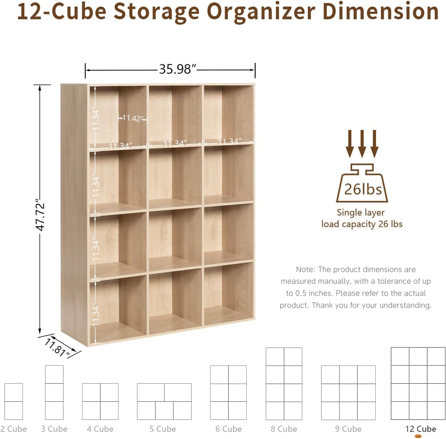 Wooden 12-Cube Storage Organizer with Closed Back Panel, 11in Cube Shelf Opening, Bookshelf, Display Shelf,Closet Cabinet for Home and Office,White Oak