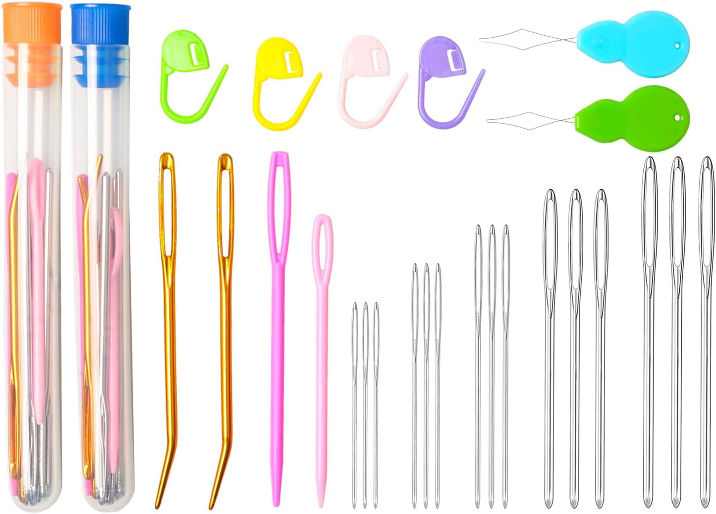Hekisn 45Pcs Large Eye Blunt Yarn Needles kit, Assorted Sizes Bent Tapestry Darning Needle, Sewing Needles with Needle Threaders & Stitch Markers for Knitting Crochet (Orange&Blue)