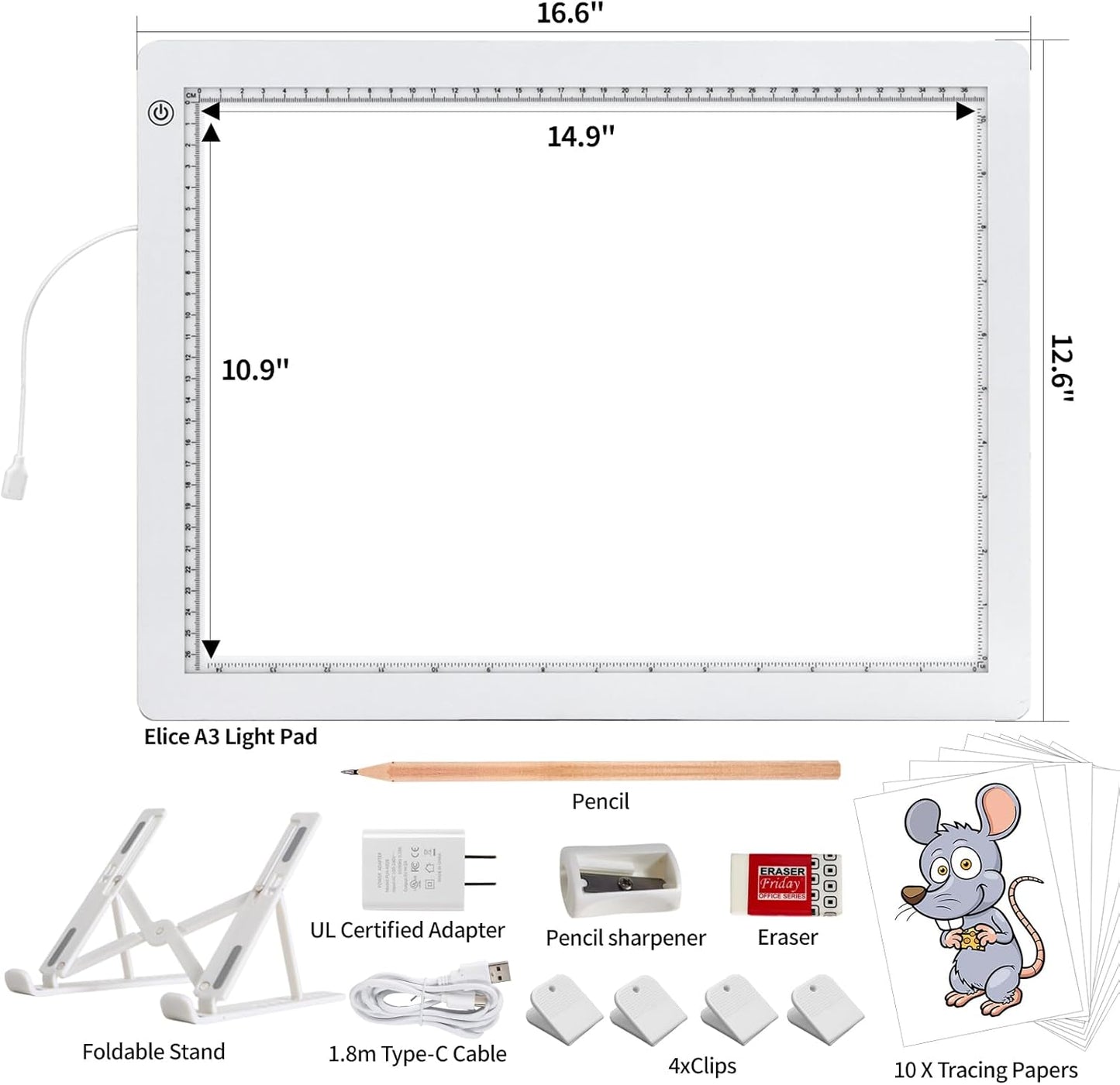 A3 LED Light Box for Tracing, elice Artist Drawing Lightbox Light Table Light Pad Light Copy Board, Up to 8000 Lux Super Bright Lightpad for Cricut Weeding Vinyl, Diamond Painting, Sketching (White)