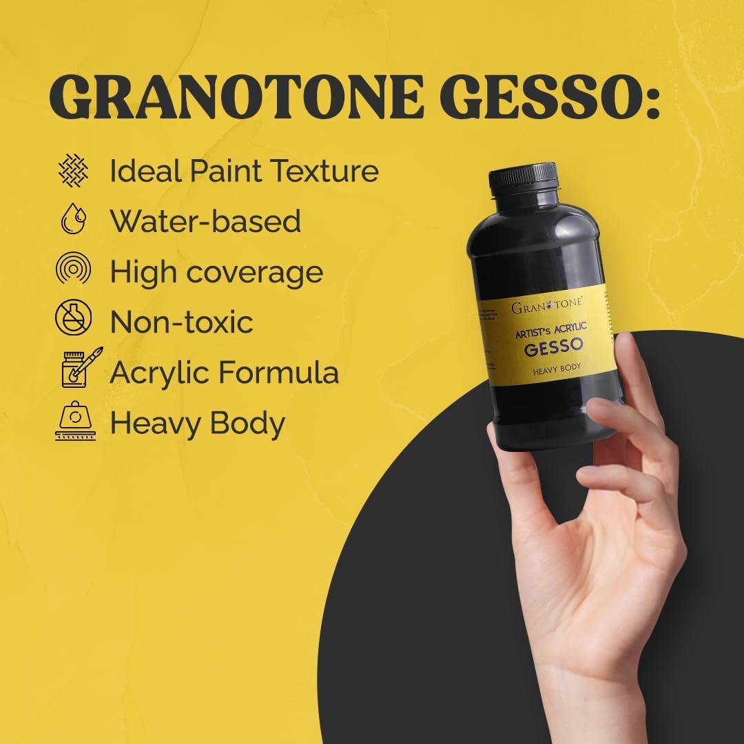 GRANOTONE Acrylic Gesso Water Base | Matte Finish | Interior/Exterior Use | Long Lasting For Acrylic Painting | Non-Toxic Universal Gesso Finish Primer, Black
