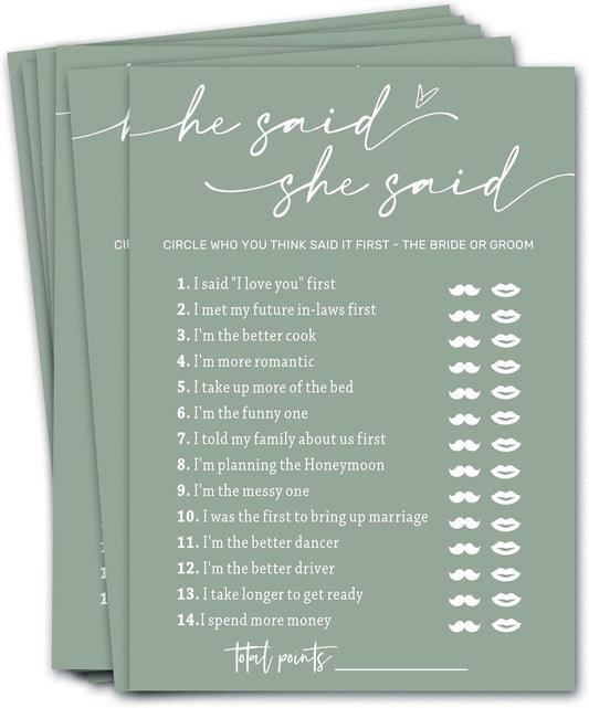 Minimalist Green Wedding Party Supplies: 25 Guest Bridal Shower Games - Engagement Party Cards