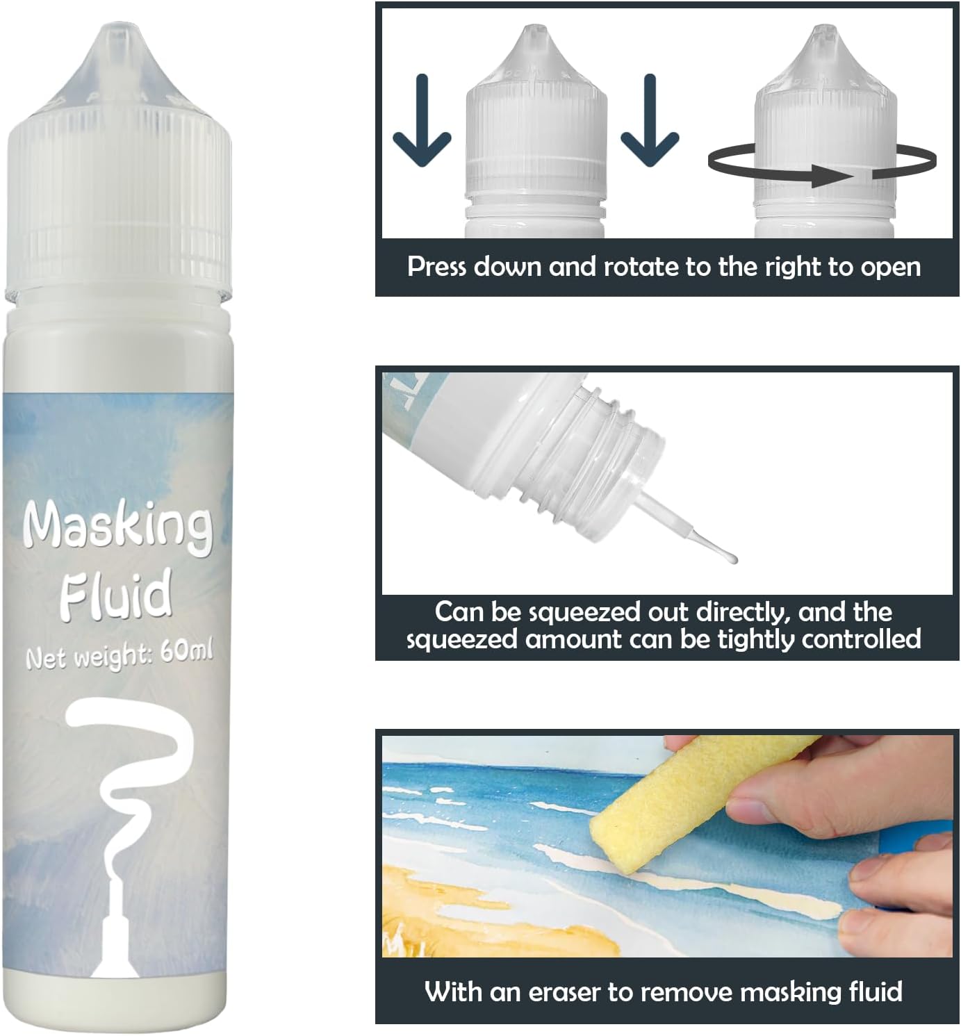 White Masking Fluid for Watercolor Painting 60ml, Resistant Ink and Pouring Paint, Watercolor Masking Fluid Keeps Areas Colorless and Edges Sharp
