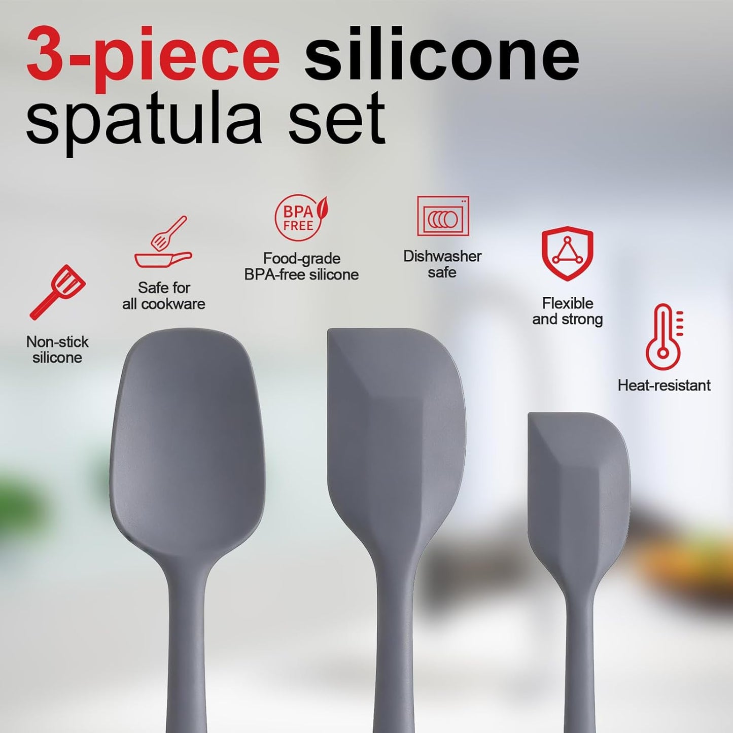 Silicone Spatula Set - Rubber Spatula - 600°F Heat Resistant Baking Spoon & Spatulas(Dark Grey)