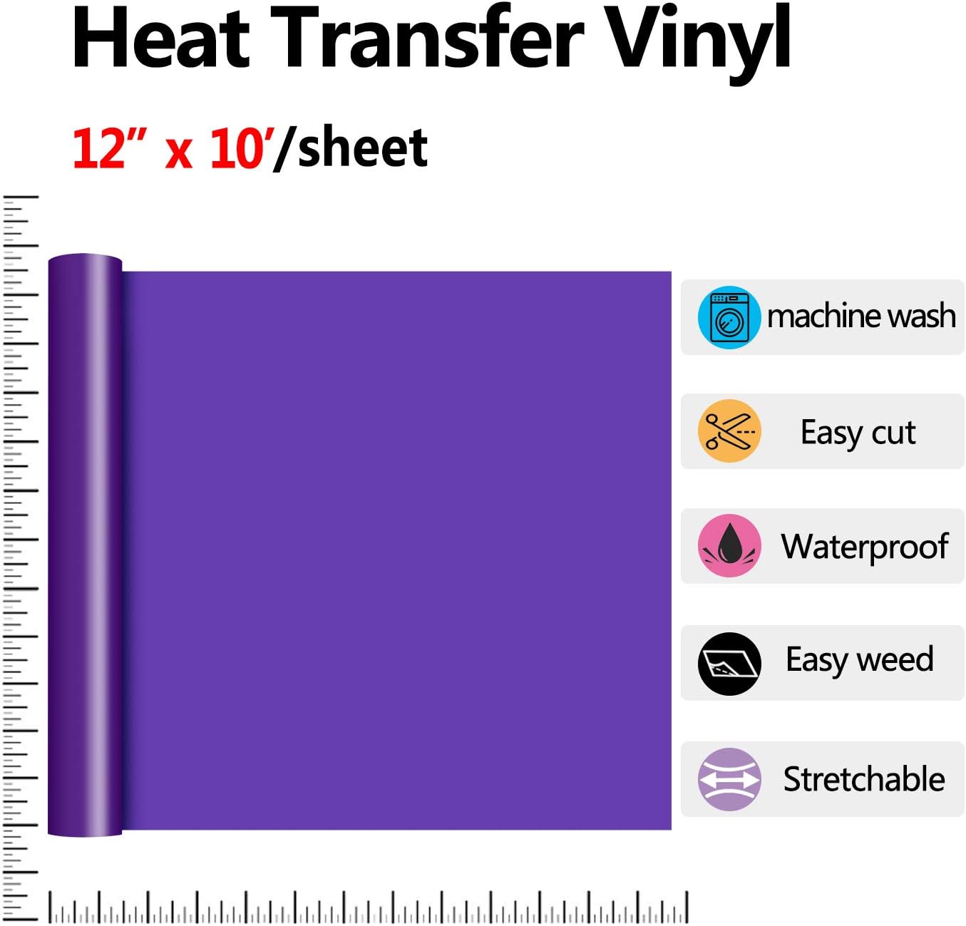 RENLITONG Purple HTV Iron on Vinyl 12Inch by 10ft Roll Heat Transfer Vinyl for T-Shirt HTV Rolls for All Cutter Machine - Easy to Cut & Weed for Heat Transfer Design