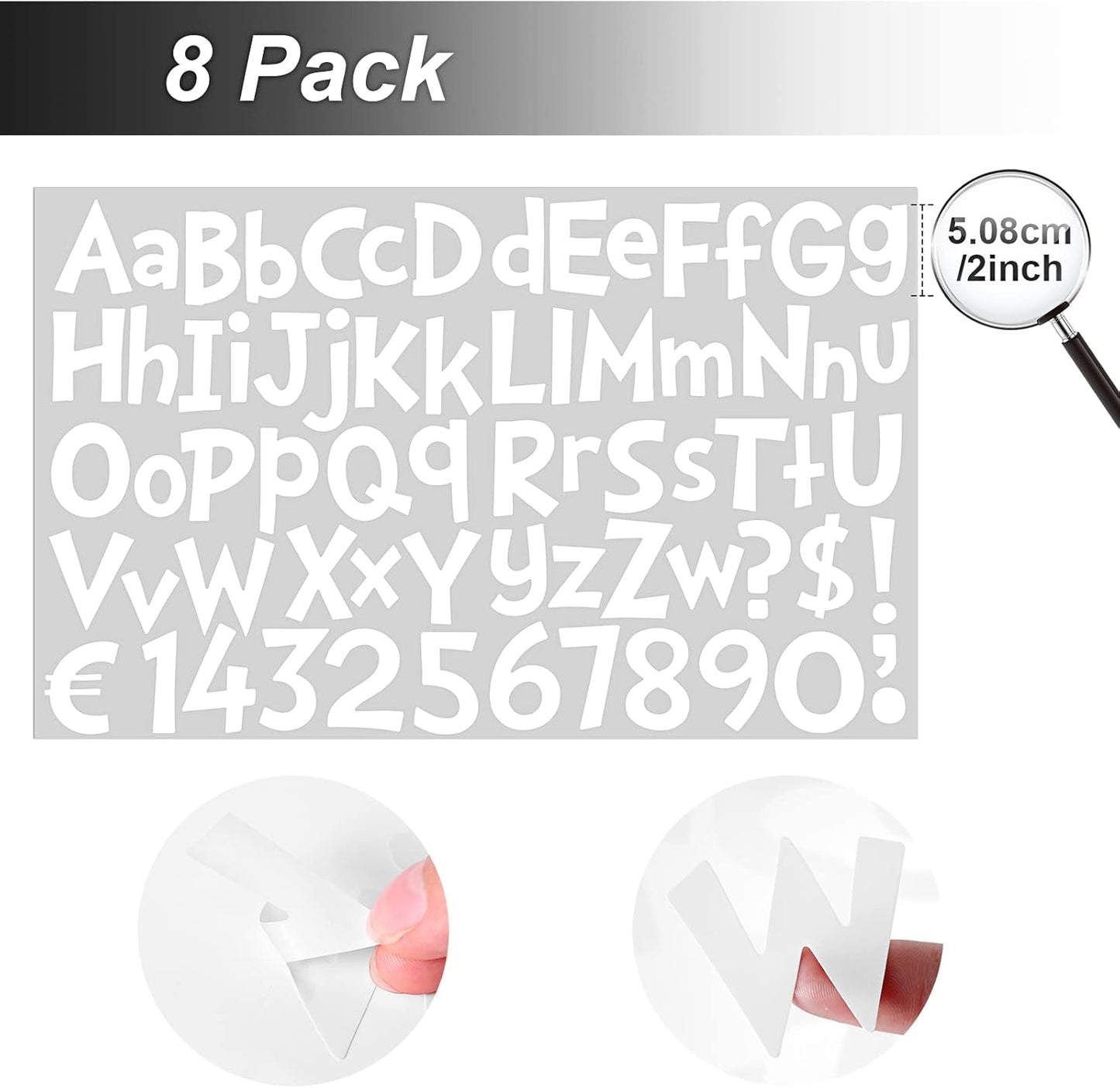 TaoBary 544 Pcs 2 Inch 16 Sheets Large Letter Stickers, Upper and Lower Case, Adhesive Vinyl Alphabet Sticker for Bulletin Board, Poster, Bottle, DIY, Notebook(White,2 Inch)