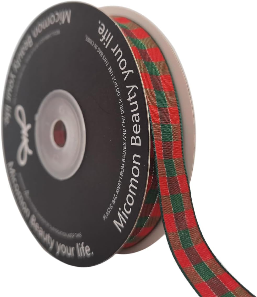 Micomon Christmas Ribbon Gingham Checkered Ribbon 25 Yards Plaid Ribbon for Christmas Crafts, Gift Wrapping(5/8",RedGreenSilver)