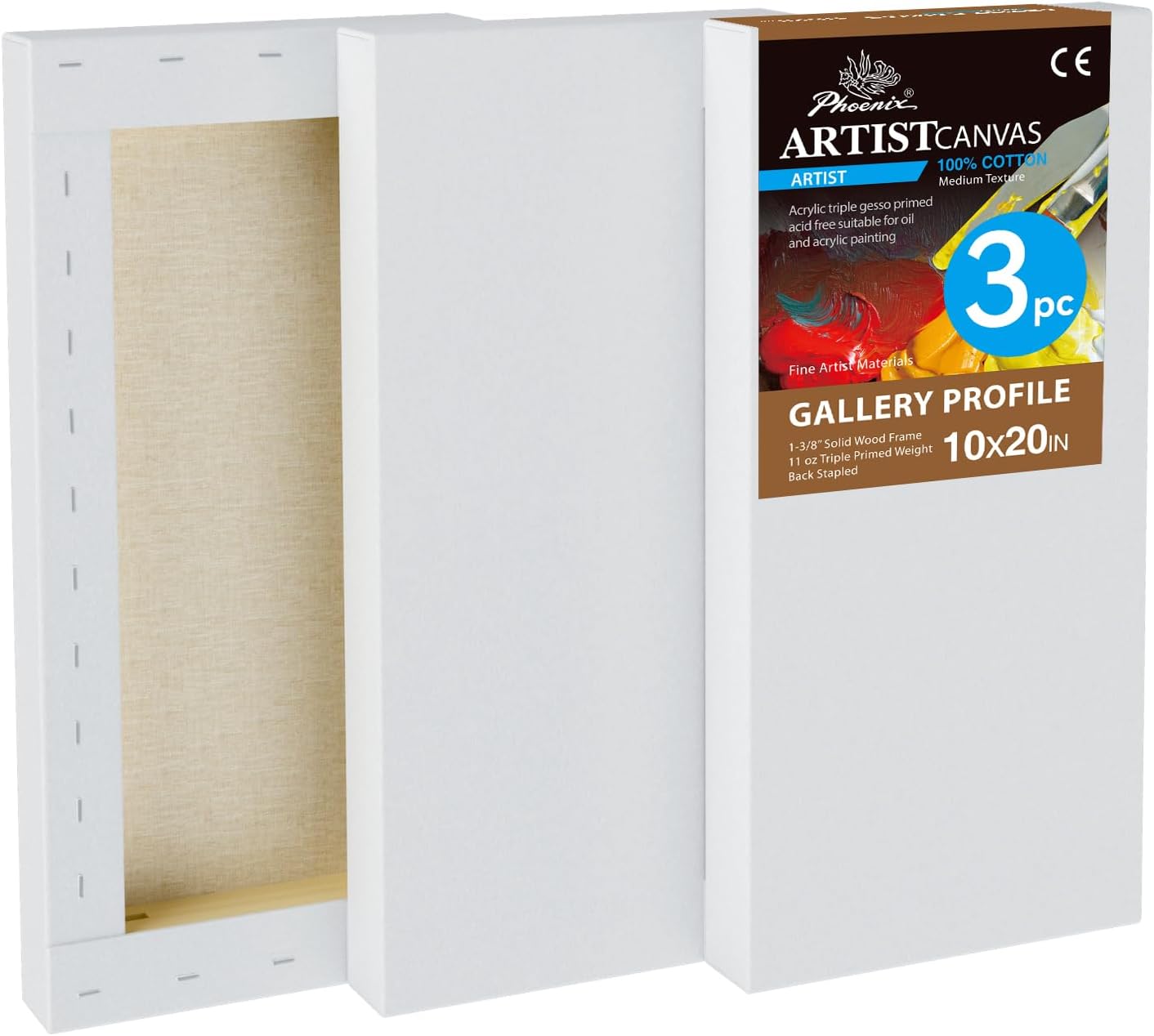 PHOENIX 10x20 Inch 3 Pack Gallery Canvas - 1.5 in Thick Long Canvases for Painting - Deep Edge 100% Cotton 11 Oz. Gesso Primed White Blank Professional Canvas Oil & Acrylic Paints