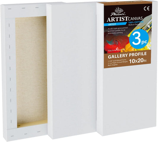 PHOENIX 10x20 Inch 3 Pack Gallery Canvas - 1.5 in Thick Long Canvases for Painting - Deep Edge 100% Cotton 11 Oz. Gesso Primed White Blank Professional Canvas Oil & Acrylic Paints