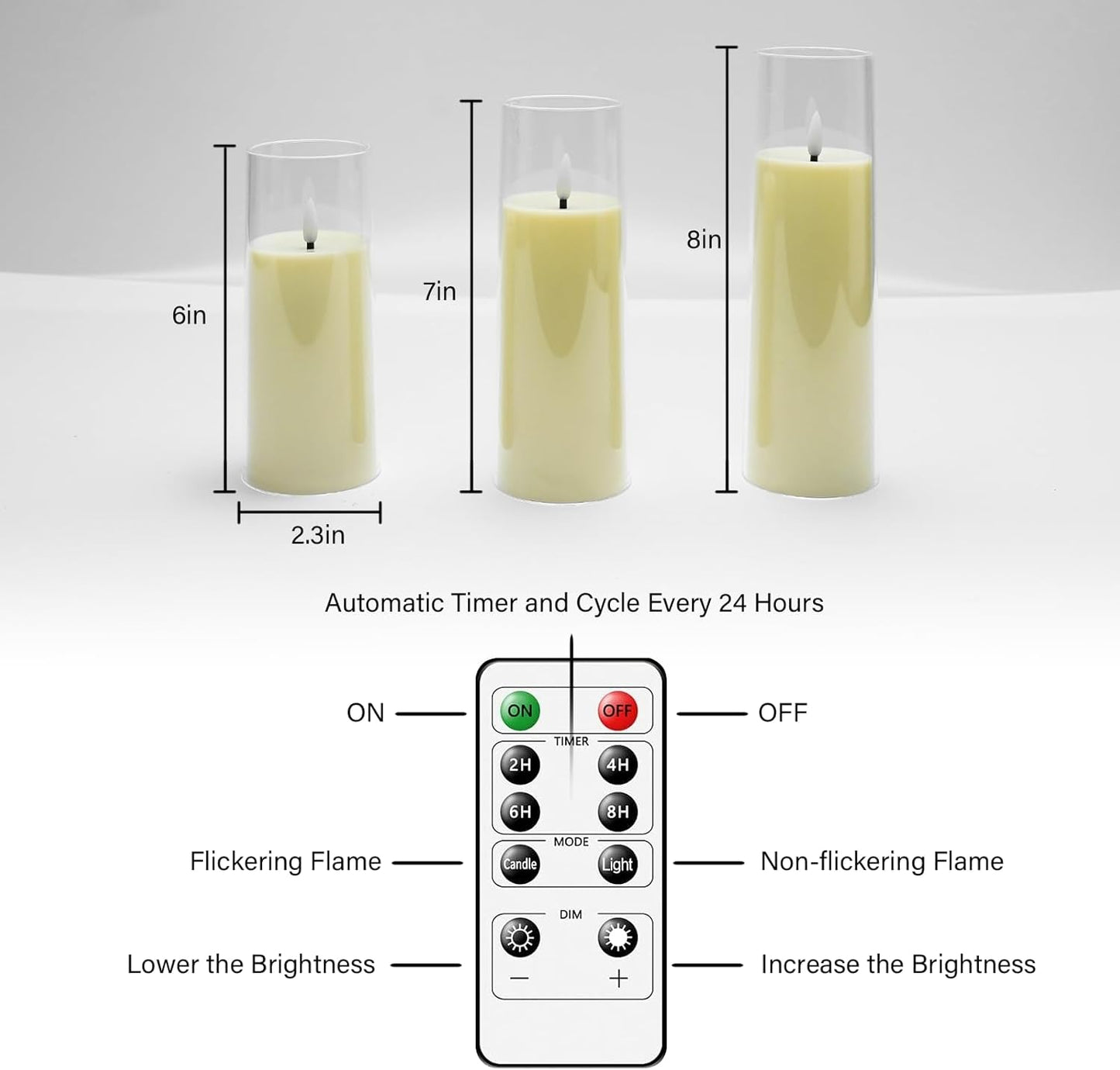Flickering Flameless Candles Battery Operated with Remote and 2/4/6/8 H Timer Plexiglass Led Pillar Candles Pack of 9 (D2.3"xH 6"7"8")with Realistic Moving Wick Candles for Home Decor(Ivory)