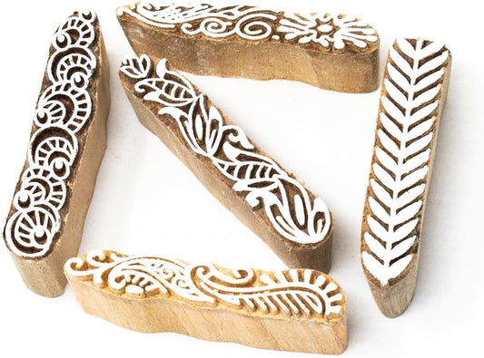 Hashcart Wooden Stamp Block, Printing Stamp Design Set | Block for Printing Saree Border | Dresses, Craft Card Making, Scrapbook, Clay Pottery | Set of 5
