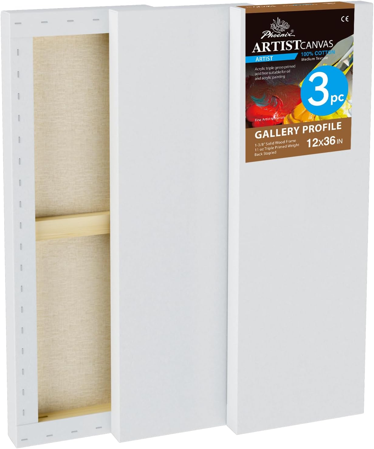 PHOENIX 12x36 Inch 3 Pack Gallery Canvas - 1.5 in Thick Extra Large Skinny Canvases for Painting - Deep Edge 100% Cotton 11 Oz. Gesso Primed White Blank Professional Canvas Oil & Acrylic Paints