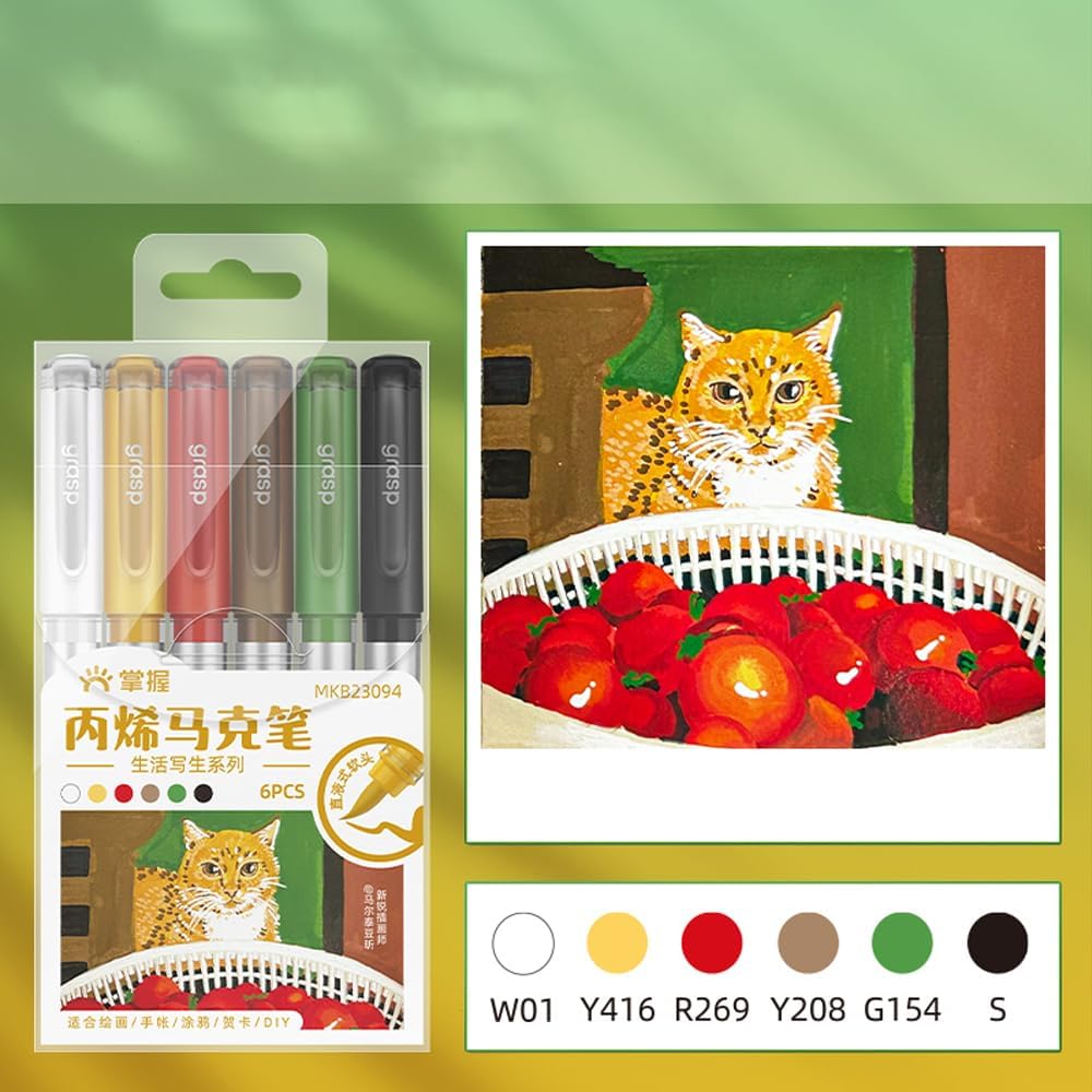 6 Color Acrylic Paint Markers, Brush Tip Acrylic Paint Pens With Visual Ink Window, Fabric Paint Markers for Clothes, Textile - High Coverage on Wood, Glass, Rock - DIY Art Supplies for Kids, Adults