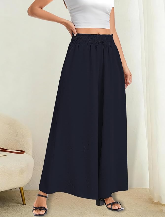 Women’s Wide Leg Pants Drawstring Elastic Waist Casual Trousers Lightweight Loose Lounge Pants with Pockets