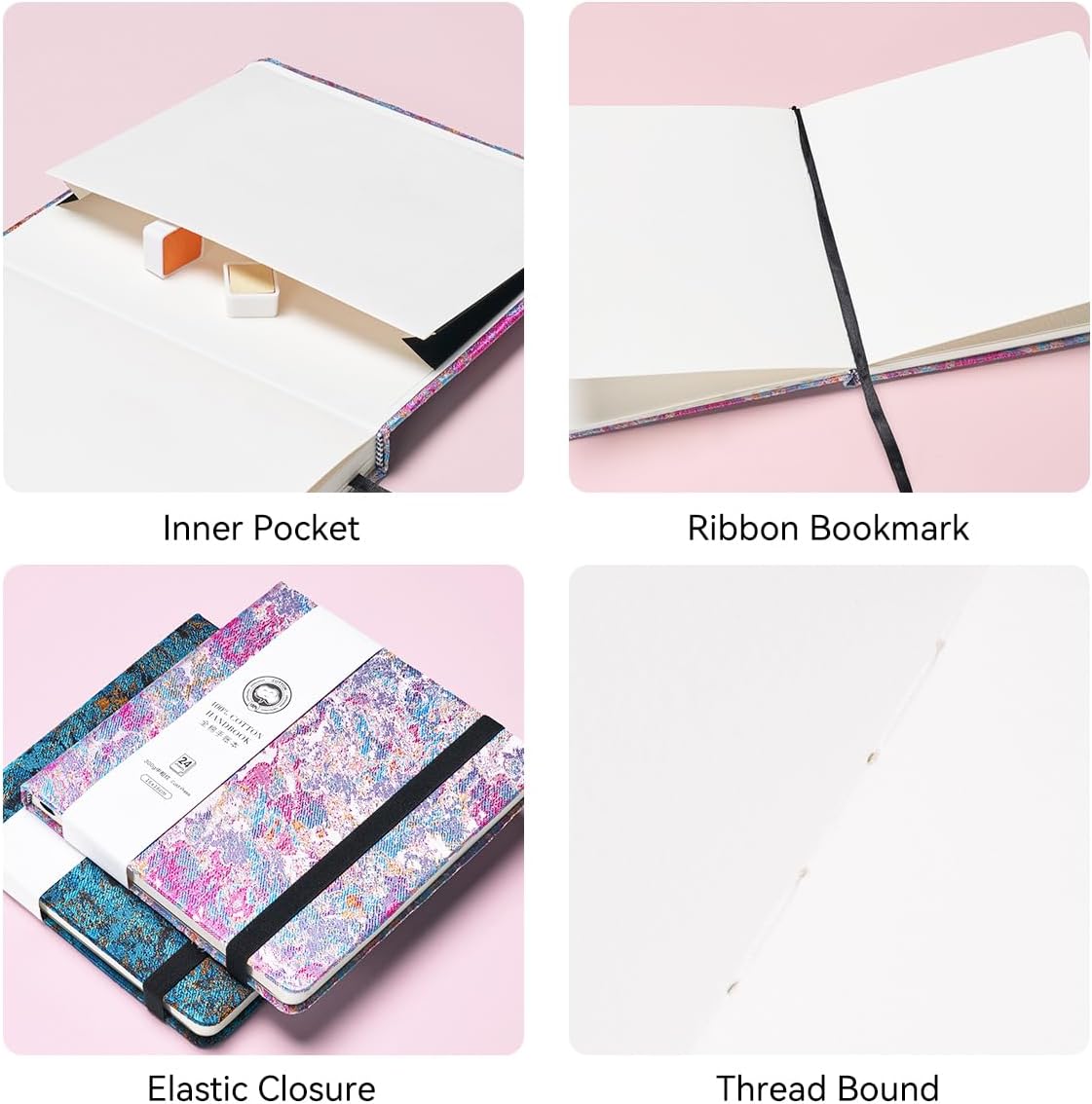 Lightwish Square Watercolor Journal,100% Cotton,300gsm/140lb,Acid-Free,24 Sheets Cold Press Watecolor Sketchbook for Artists Adults Students,6.29 * 6.29 Inches(Purple Sunset)