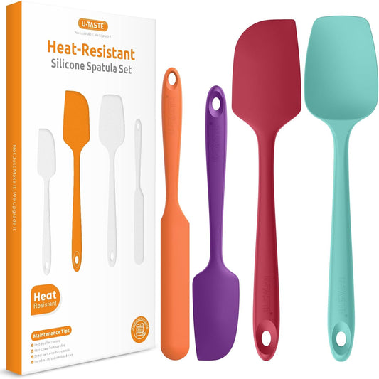 600ºF Heat Resistant Silicone Spatulas: U-Taste Upgraded Flexible Food Grade Silicon Baking Scraper, Sturdy Rubber Kitchen Cooking Mixing Utensils for Nonstick Cookware Set of 4 (Multicolors)
