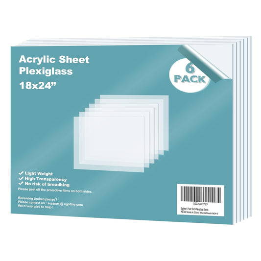 Egofine Plexiglass Sheets Acrylic Sheets 6 Pack of 18x24’’ 0.04 Thick Clear Plastic Cast Transparent Plexi Glass for Crafting Projects, Replacement Picture Frame Glass, DIY Display, Easy to Cut
