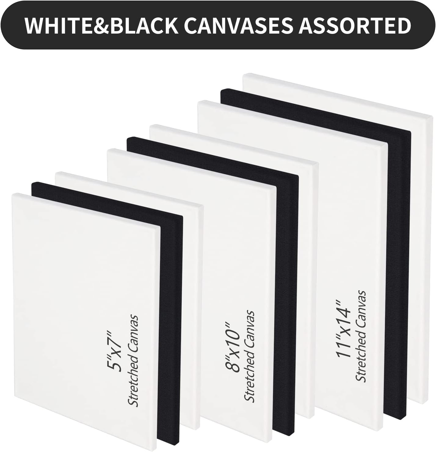 Black White Stretched Canvases for Painting Multi-Pack 3-Ea of11x14 8x10 5x7 Blank Painting Canvas 10OZ Gesso Fivefold Primed 100% Cotton Art Supplies for Acrylic Pouring Oil Paint Watercolor Tempera